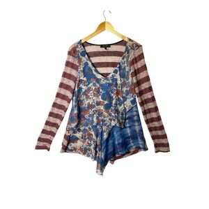 POEME CITRON Santa Monica L Mixed Media Top Contrast Fabric Red Striped Large